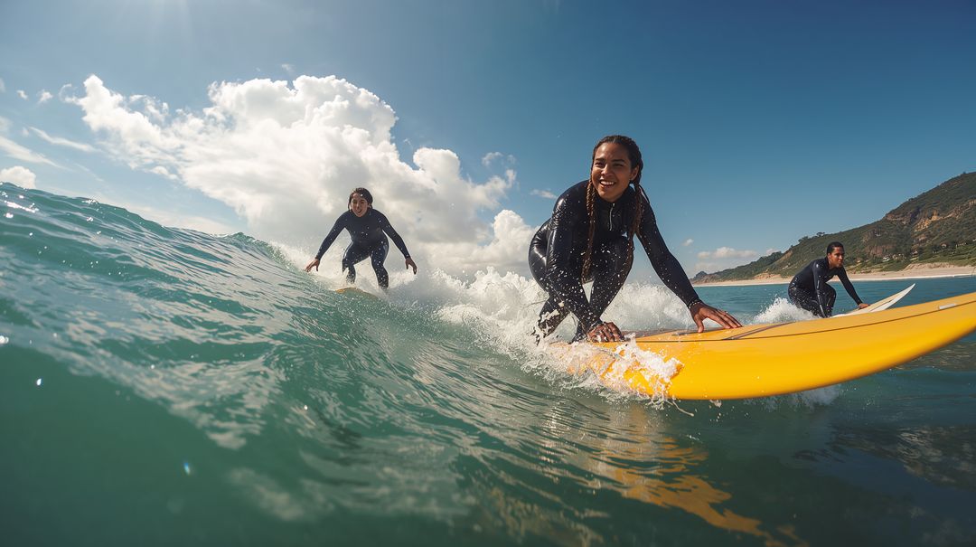 Kneeling surfer balancing and smiling on yellow board during sunny beginner surf lesson