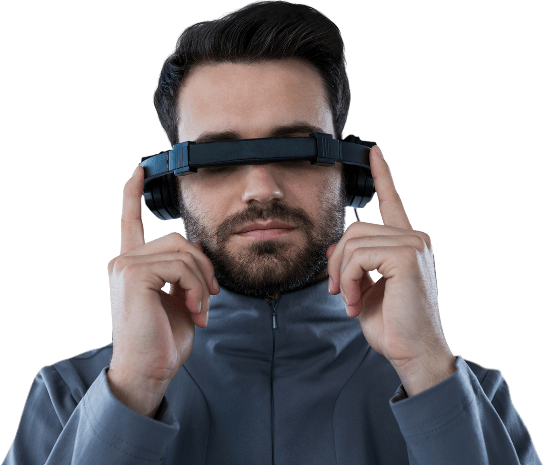 Man Wearing Transparent Virtual Reality Simulator with Neutral Expression