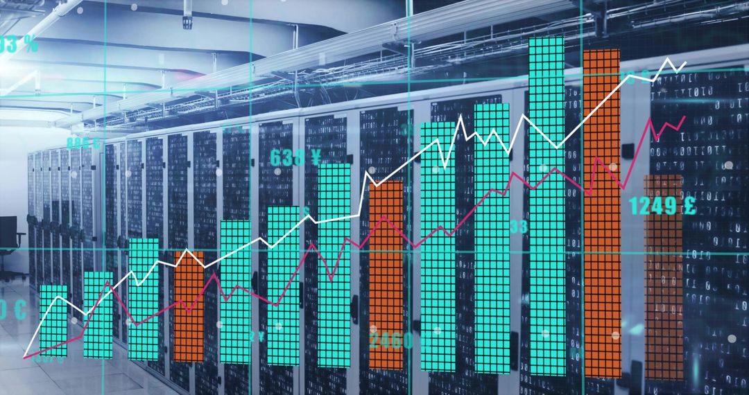 Digital Financial Growth Chart Superimposed Over Data Center Servers