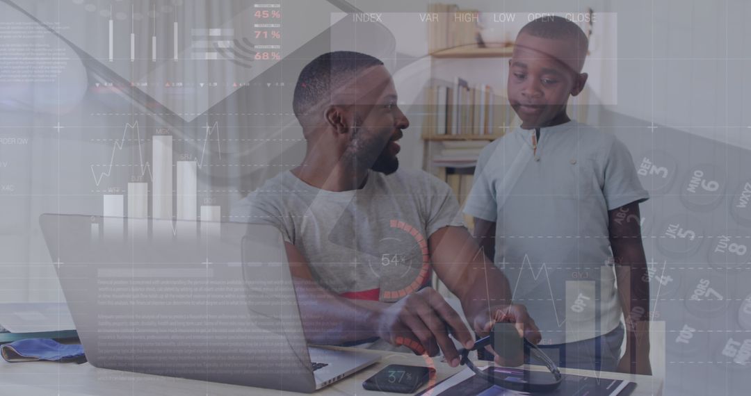 Father Teaching Son with Graphs Overlay Emphasizing Digital and Technical Lifestyle