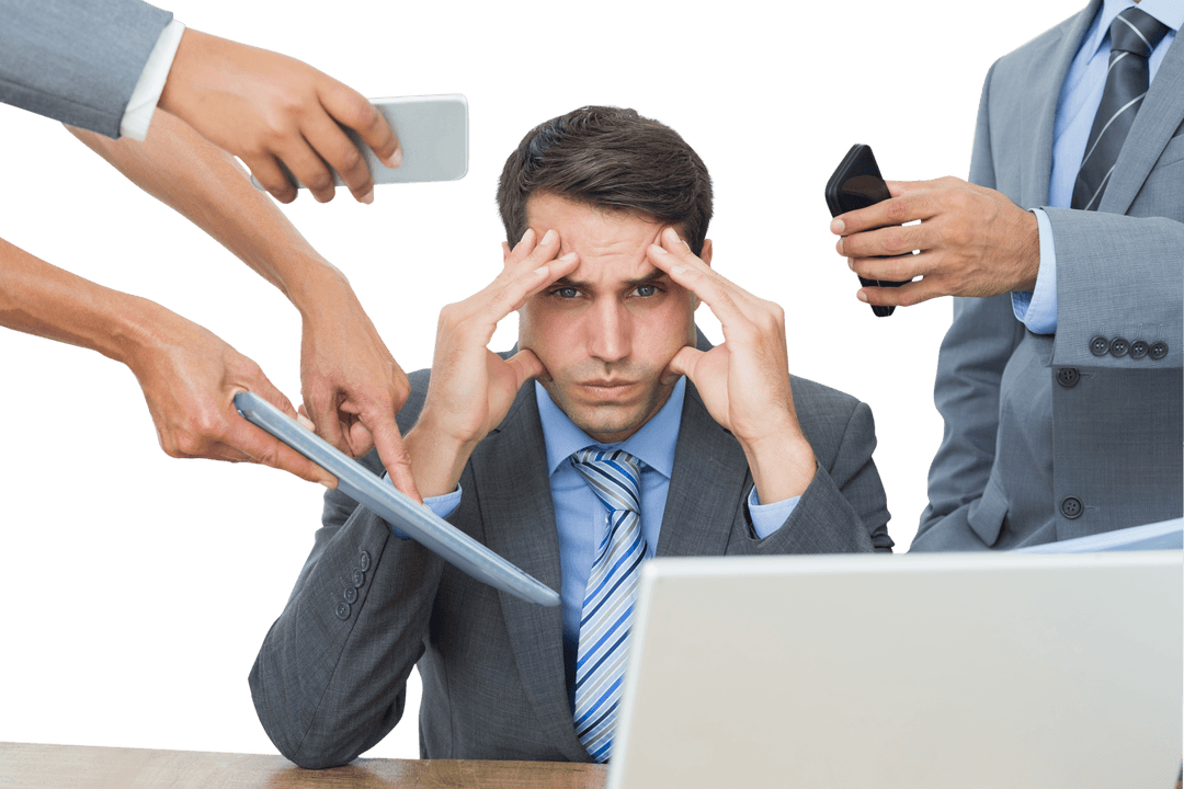 Transparent Stressed Businessman Surrounded by Demands