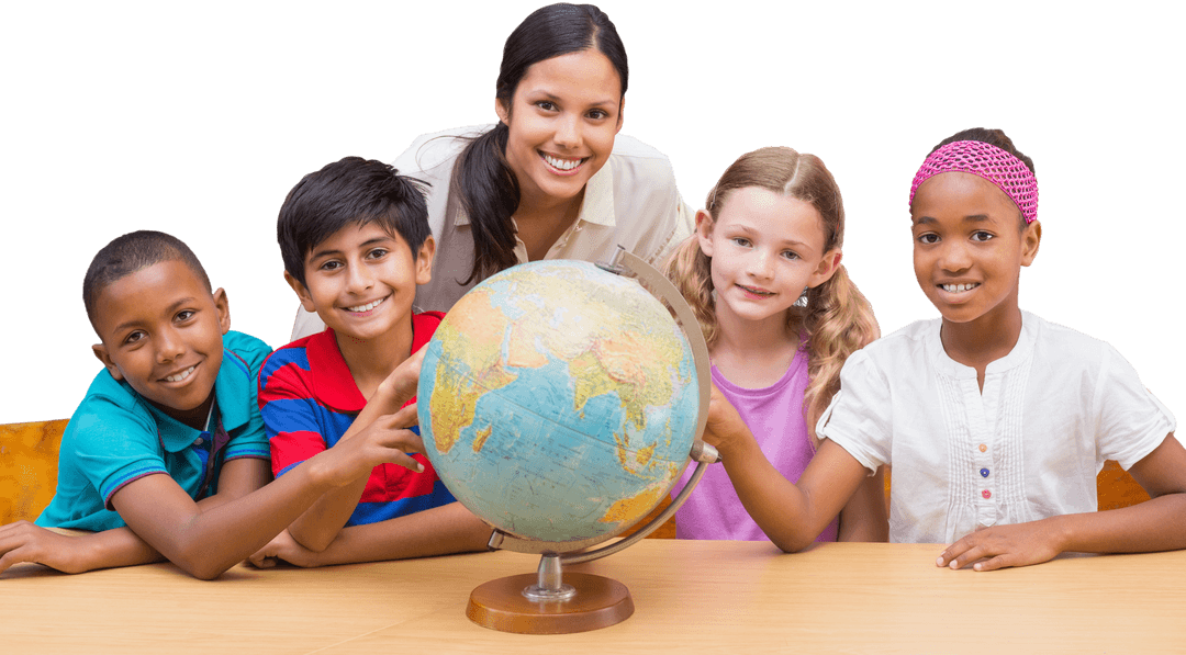 Teacher and Students Engaged with Globe in Classroom Transparent Background
