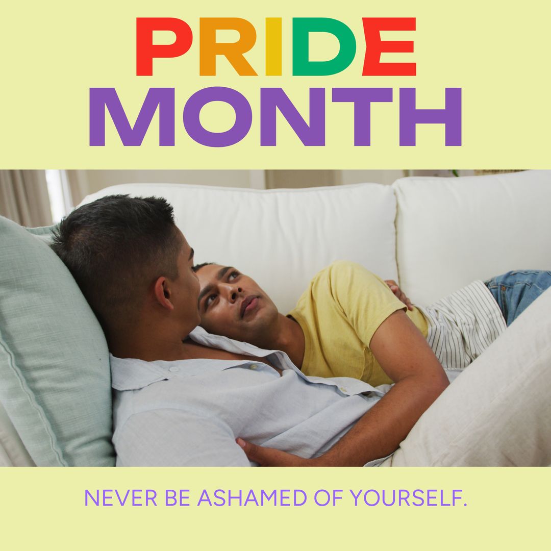 Loving Gay Couple Celebrating Pride Month on Couch
