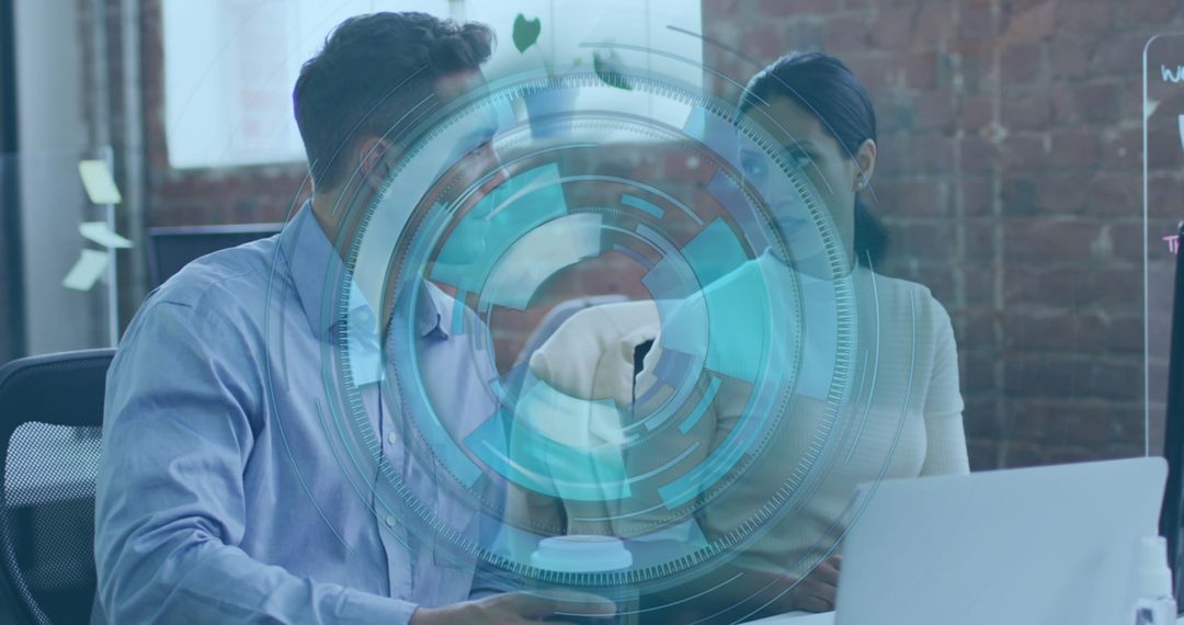 Coworkers Interacting with Holographic Interface in Modern Office