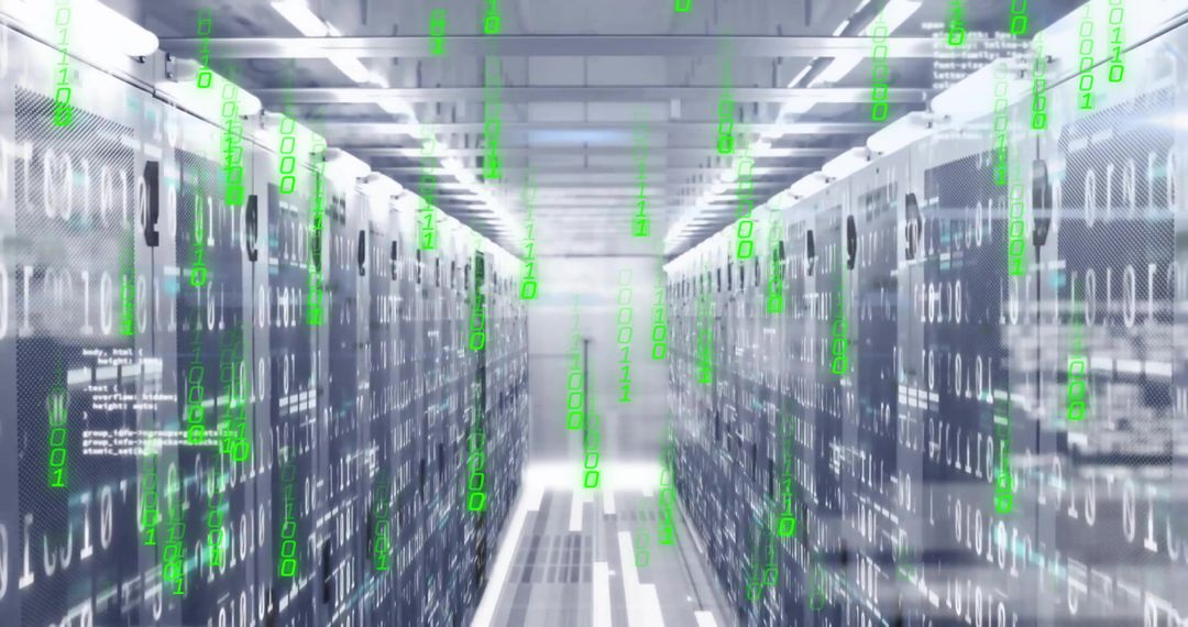 Futuristic Data Center Corridor with Binary Overlay