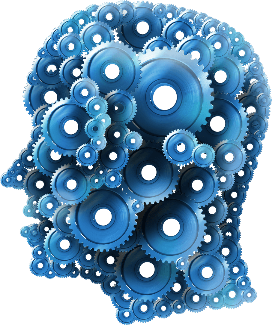 Transparent Blue Cogs Forming Head Silhouette on Transparent Background