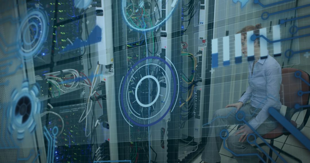 Network Engineer Monitoring Server with Digital Interface Overlay