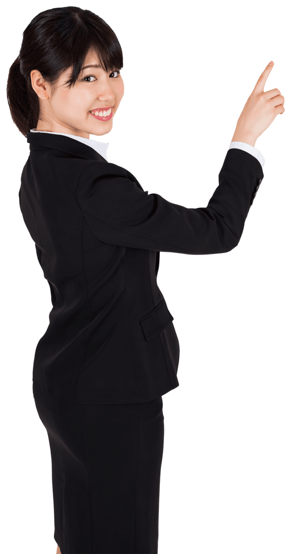 Asian Businesswoman in Suit Pointing Up, Smiling on Transparent Background
