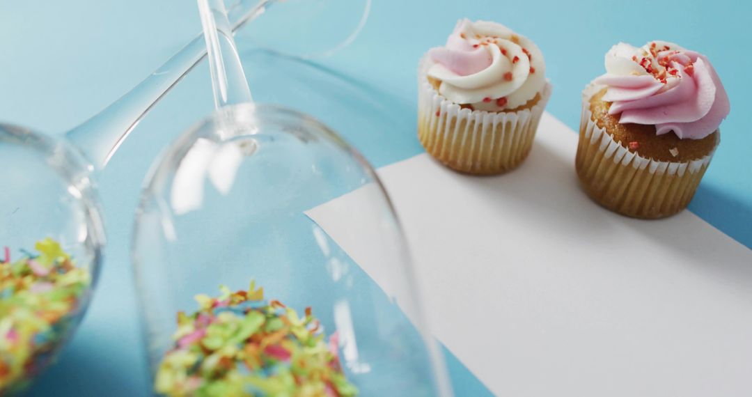 Two frosted cupcakes sitting on pastel blue surface with glasses spilling sprinkles and card