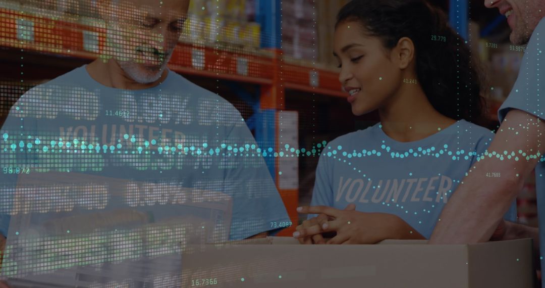 Diverse Volunteers in Warehouse with Digital Financial Graphs