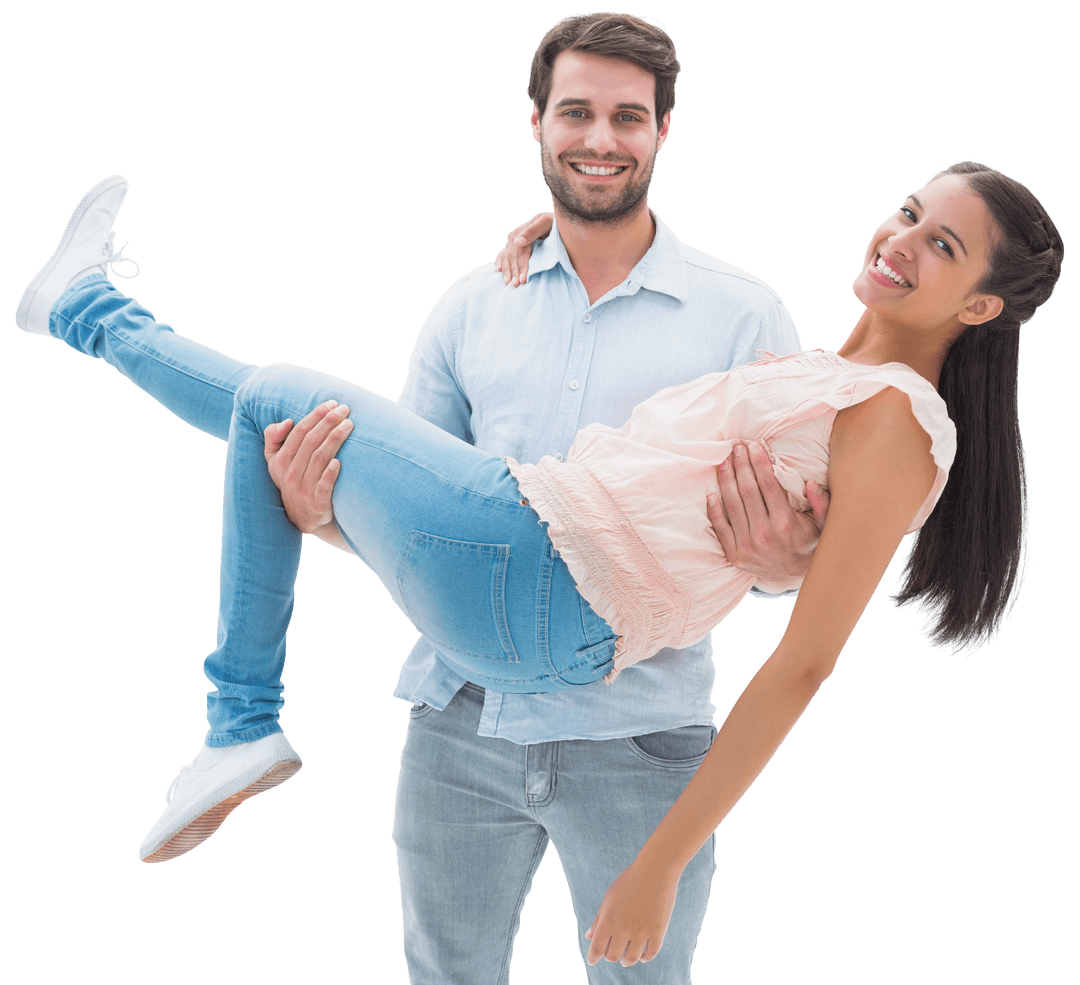 Smiling Man Holding Cheerful Woman On Transparent Background