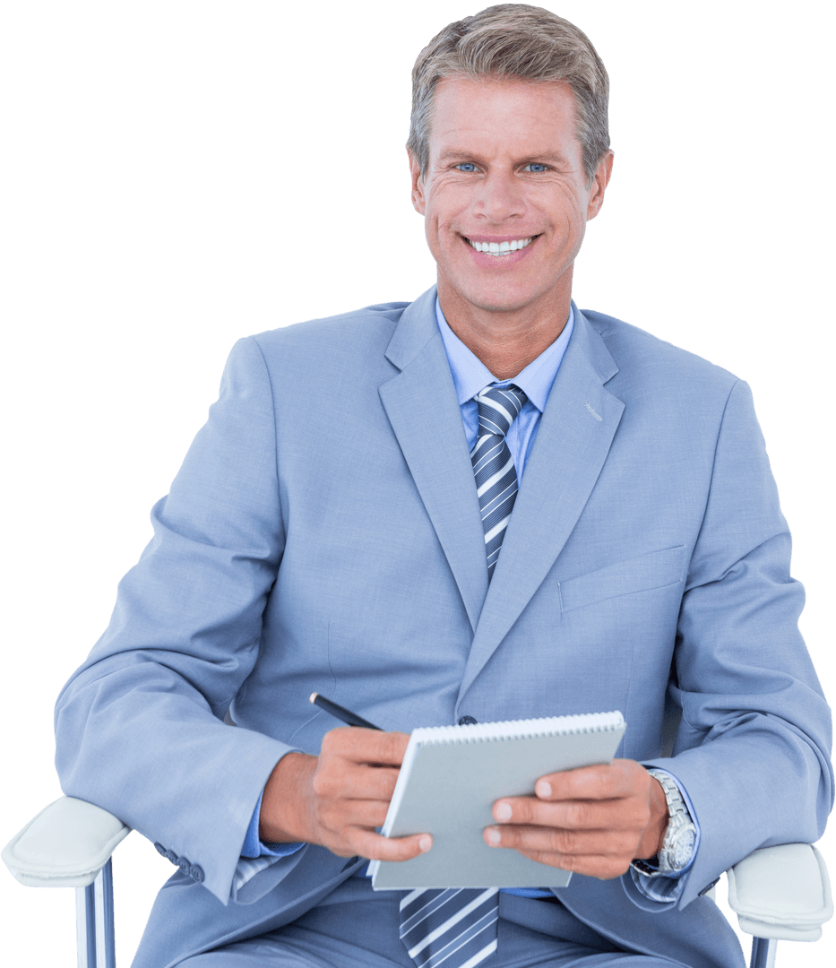 Businessman in Suit Taking Notes with Notebook Isolated on Transparent Background