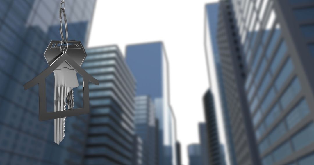 Key with House Keychain Hovering over Urban Skyline