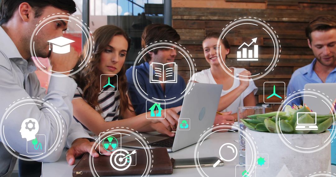 Corporate Team Collaborating in Modern Office With Digital Data Icons