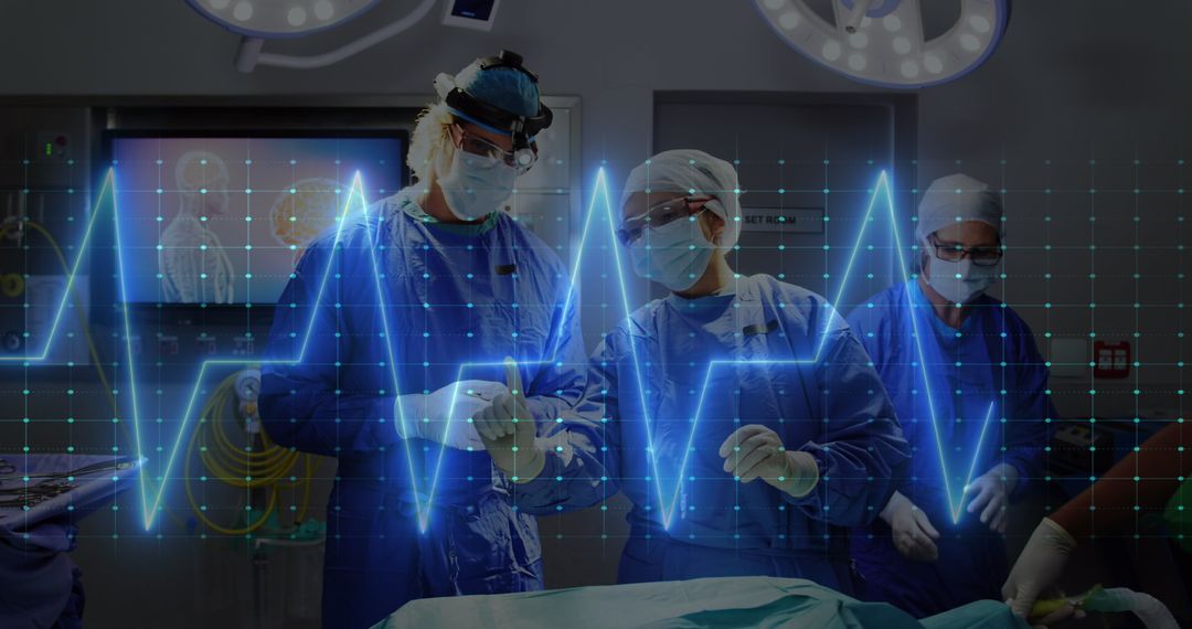 Team of Surgeons Collaborating with Digital Heartbeat Overlay