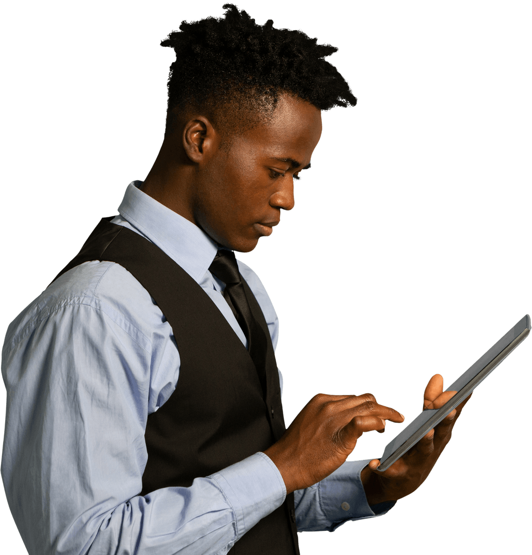 Business Professional Using Tablet on Transparent Background