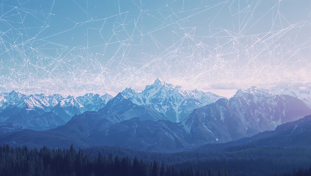 Snowcapped Peak Towering Over Alpine Ridges, Conifer Treeline, Futuristic Network Overlay