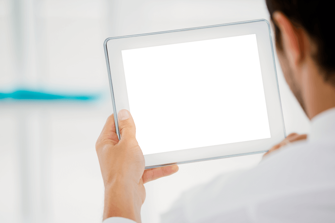 Businessman Holding Transparent Tablet with Blank Screen
