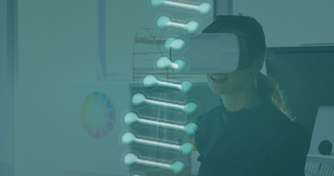 Future Technology: Woman Experiencing Virtual Reality with DNA Holographic Display