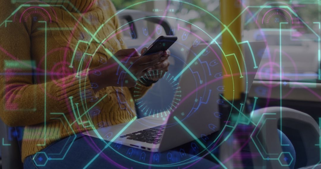 Digital Interface Over Woman Using Smartphone with Facemask on Public Transport