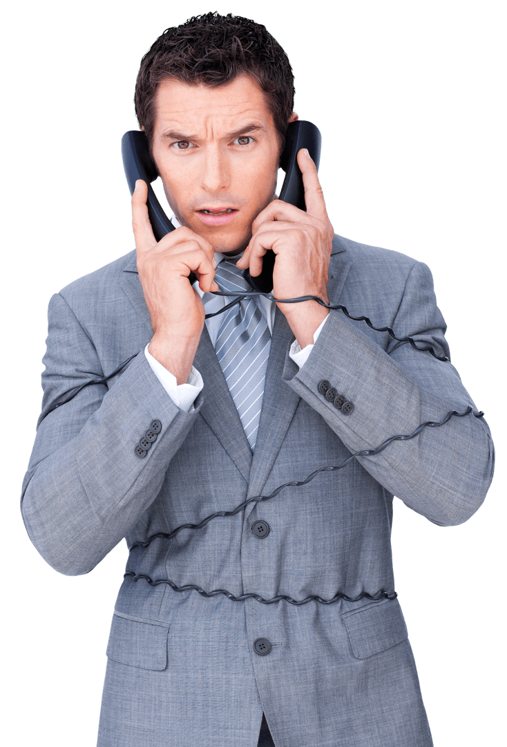 Stressed Businessman Tangled in Phone Cords Transparent