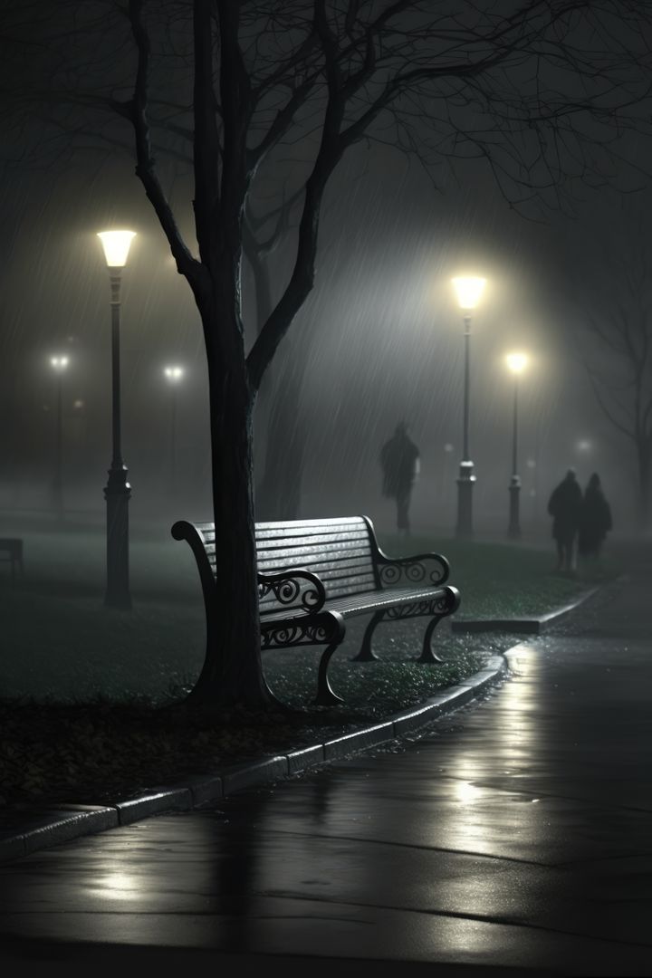 Bench in park by street lamps on dark misty rainy night, created using generative ai technology - Free Images, Stock Photos and Pictures on Pikwizard.com