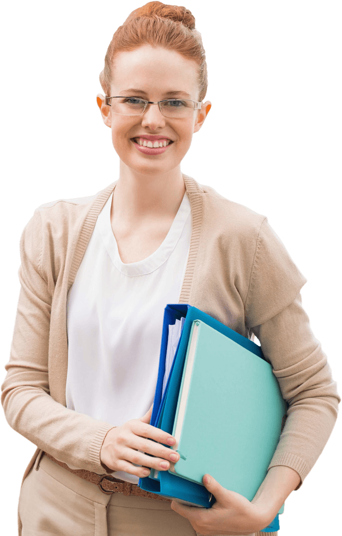 Smiling Caucasian Woman Holding Folders on Transparent Background