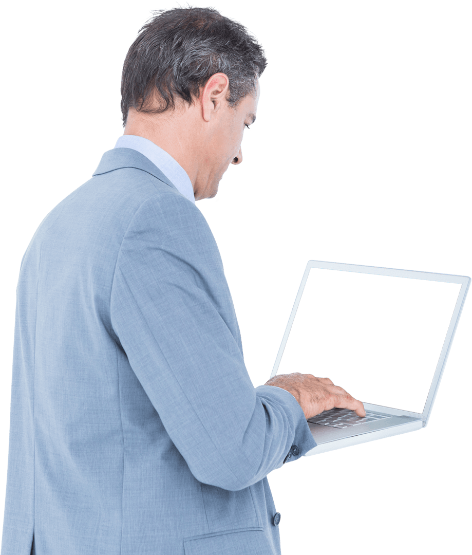 Businessman Using Laptop on Transparent Background for Professional Projects