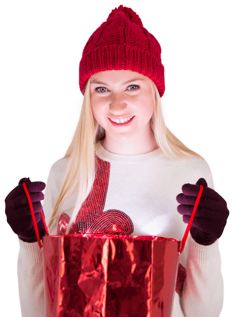 Smiling Woman with Gift Bag in Transparent Background