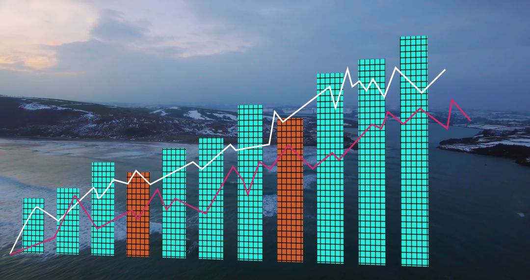 Financial Analytics Graphs Overlaying Scenic Winter Landscape