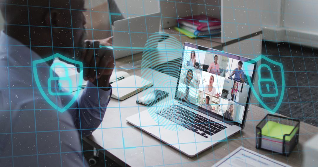 Businessman on Video Call with Data Security Overlay Concept