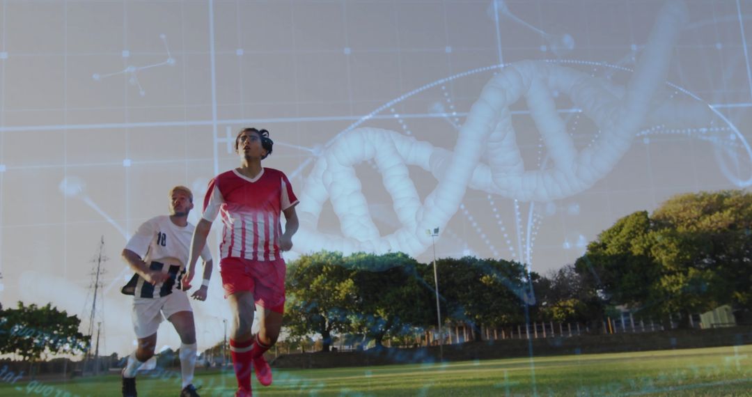 DNA Strand Overlay on Soccer Teams Gaming: Science and Genetics Encounter