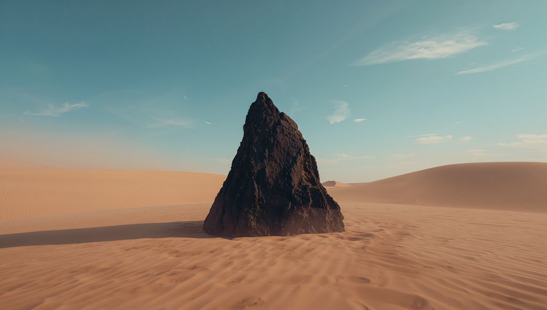 Solitary Jagged Dark Rock in Endless Desert Landscape