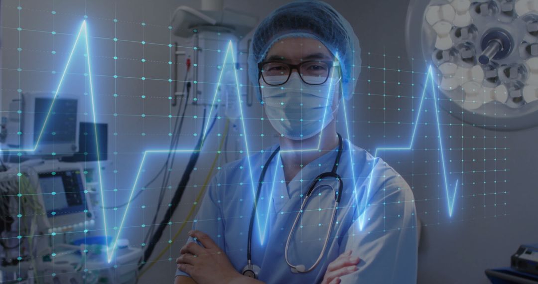 Surgeon in Operating Room with Digital Cardiograph Hologram