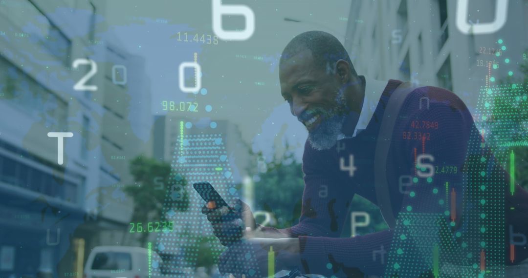 Smiling Man Using Smartphone with Financial Data Overlay