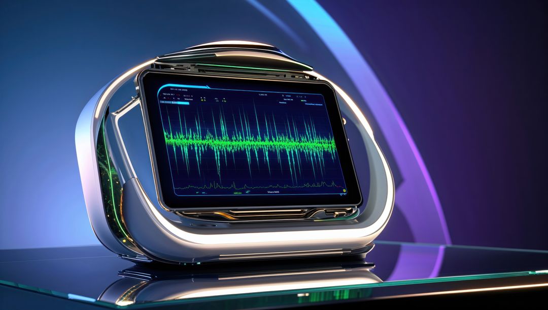 Futuristic measurement device displaying green waveform analyzing data, seismograph concept
