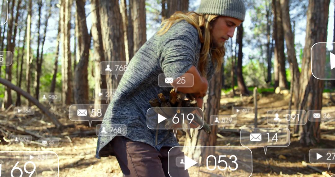 Man Gathering Pine Cones with Digital Connectivity Concept in Forest