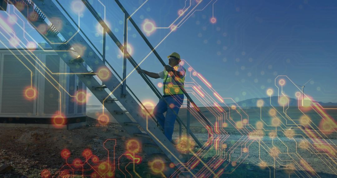 Wind Farm Automation: Technician Climbing with Digital Circuit Overlay