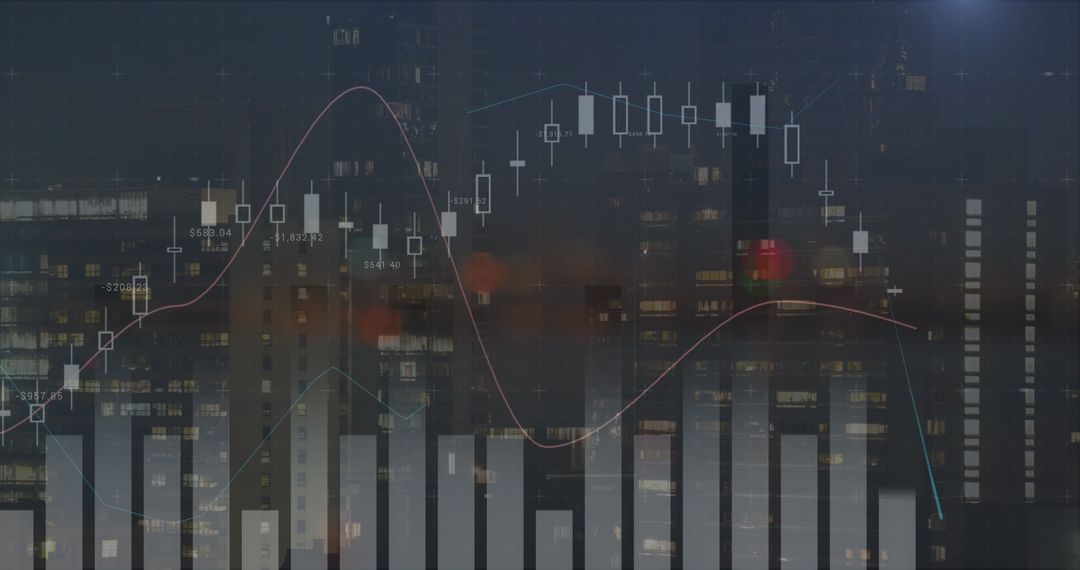 Financial Data Visualization Overlaying Urban Cityscape