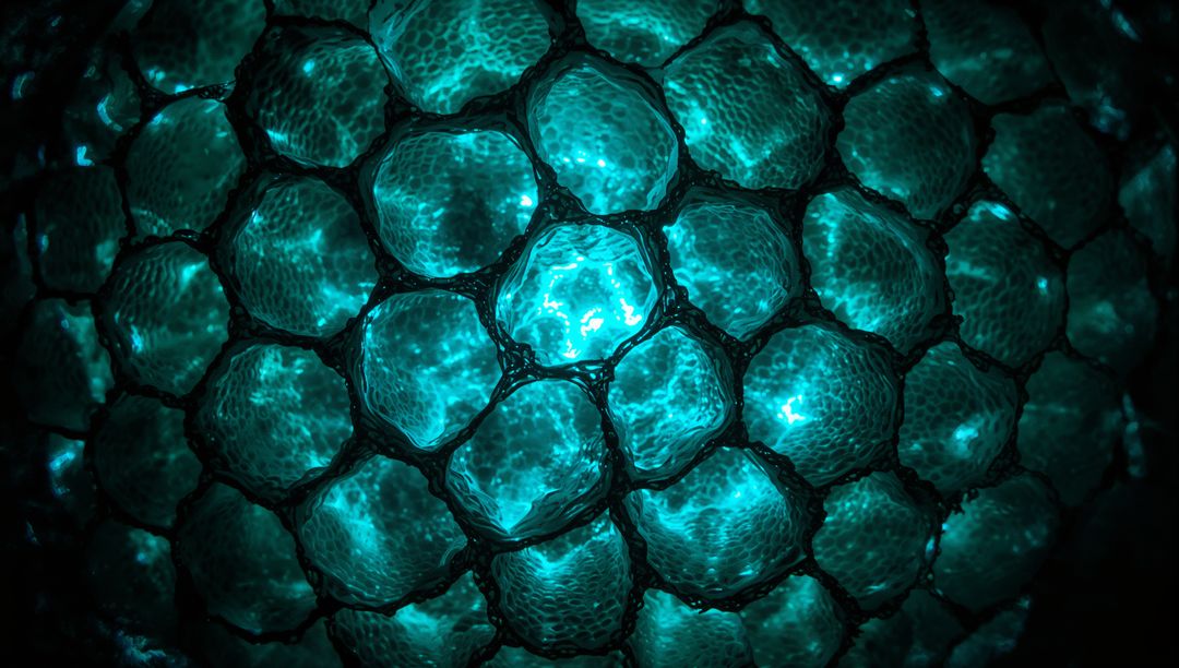 Luminescent Honeycomb Cells Emitting Teal Glow in Dark Void, Macro Biomorphic Pattern