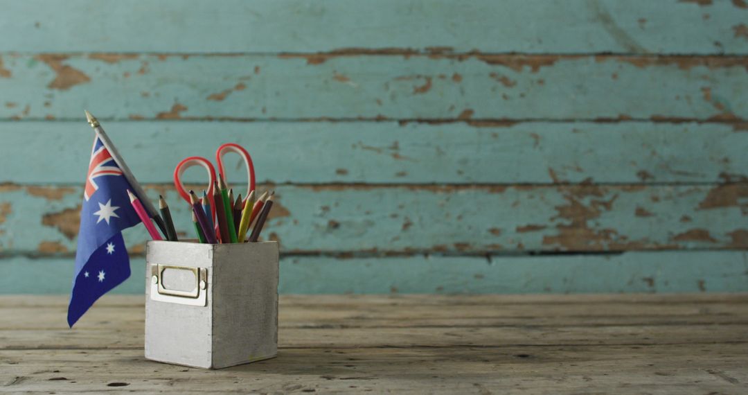 Australian Flag with Stationery on Rustic Wooden Table