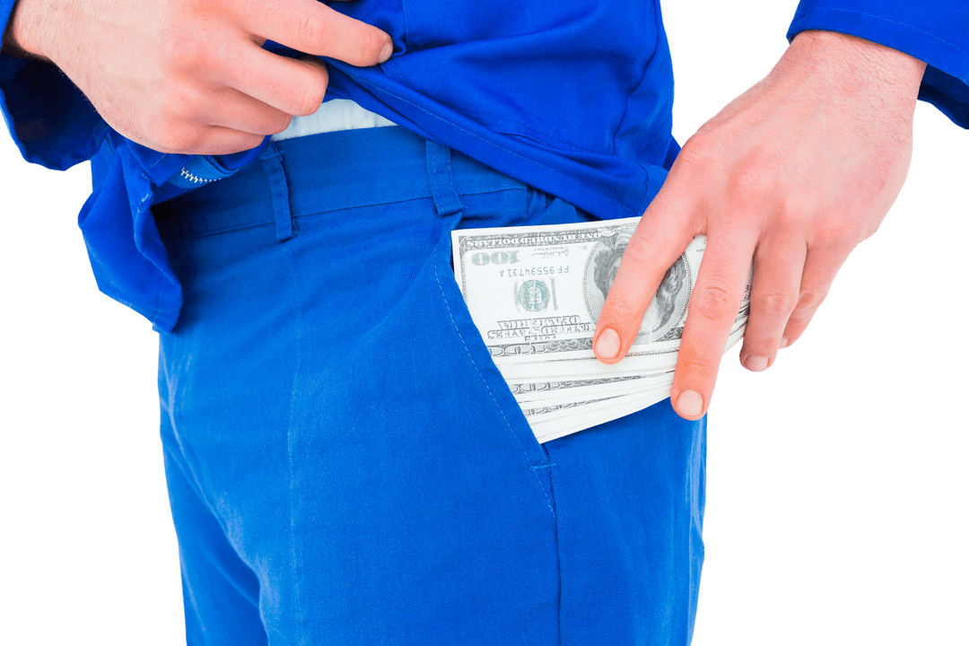 Worker Stashing Cash in Pocket with Transparent Background