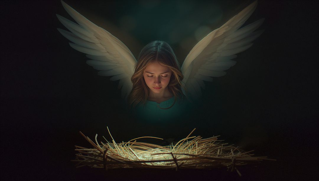 Angelic Child with Glowing Wings Above Lighted Nest