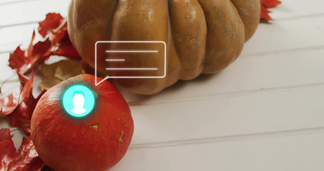 Displaying red gourd and tan pumpkin on white tabletop with teal chat bubble overlay