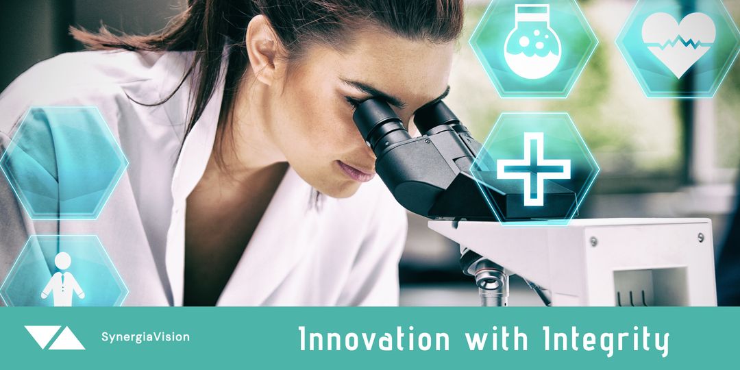 Female Scientist Using Microscope with Infographic Elements - Download Free Stock Templates Pikwizard.com