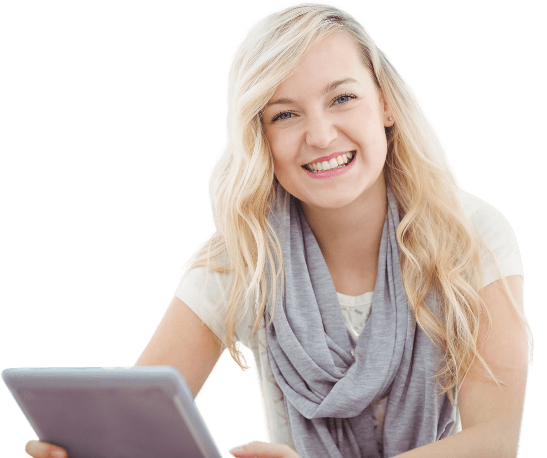 Happy Woman with Transparent Background Holding Digital Tablet Smiling