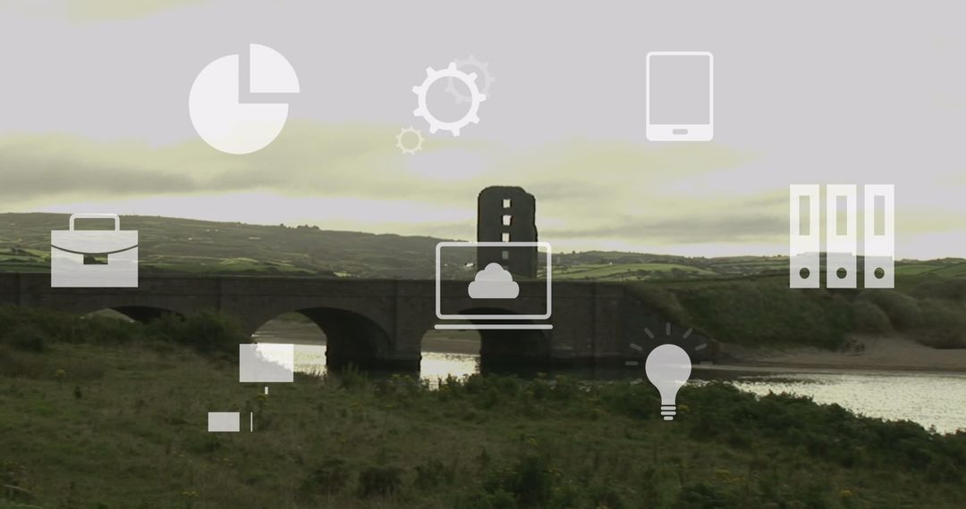 Digital Transformation Icons Over Serene Countryside Bridge