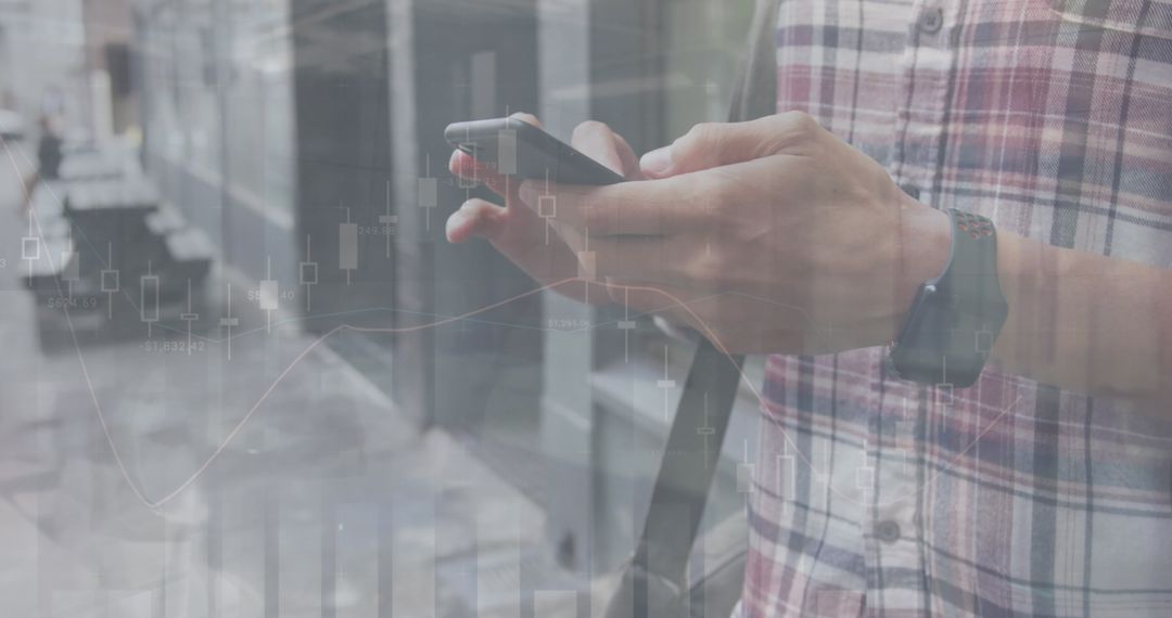 Man Using Smartphone with Financial Data Overlay on Street