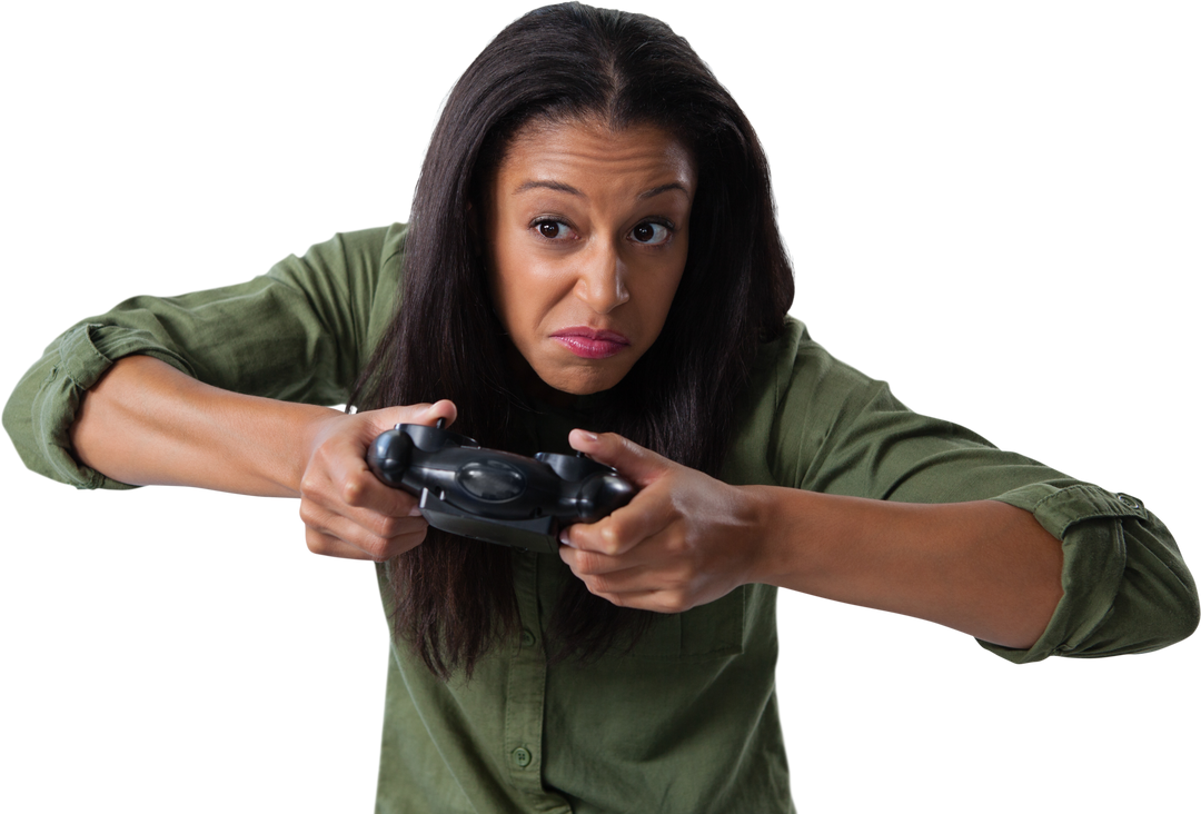 Woman With Green Shirt Making Faces While Playing Video Games On Transparent Background - Download Free Stock Images Pikwizard.com