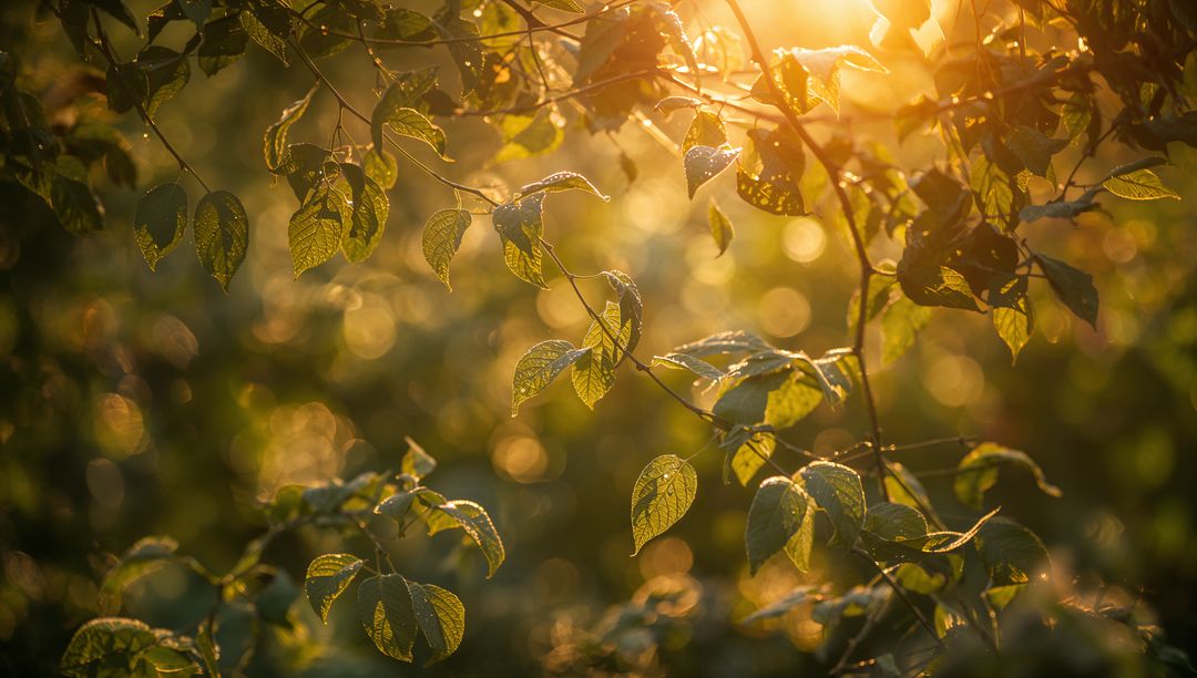 Sunlight catching on backlit leaves glistening with dew, golden hour forest bokeh and warm glow